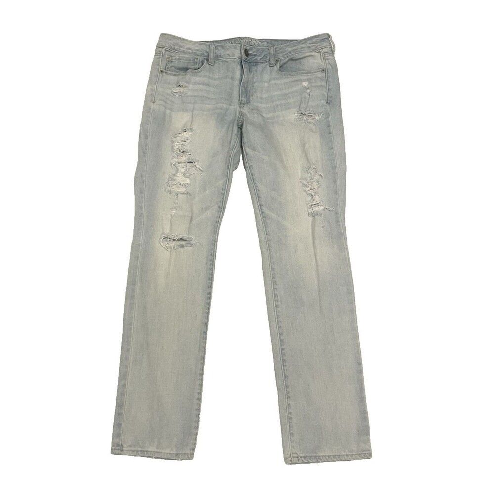 American Eagle Skinny Stretch Jeans Size 14 36" Blue Denim Distressed Destroyed